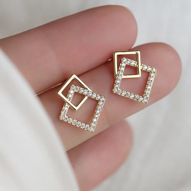 Trendy Korean Fashion Double Layer Hollow Square Stud Earrings For Women Crystal Gold Color Metal Geometric Hollow Jewelry