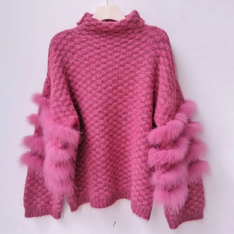 

Real Fur Trim Pullover Sweater 2025 New Autumn Turtle Neck Long Sleeve Pullovers Loose Fashion Warm Winter Female Pull Jumper