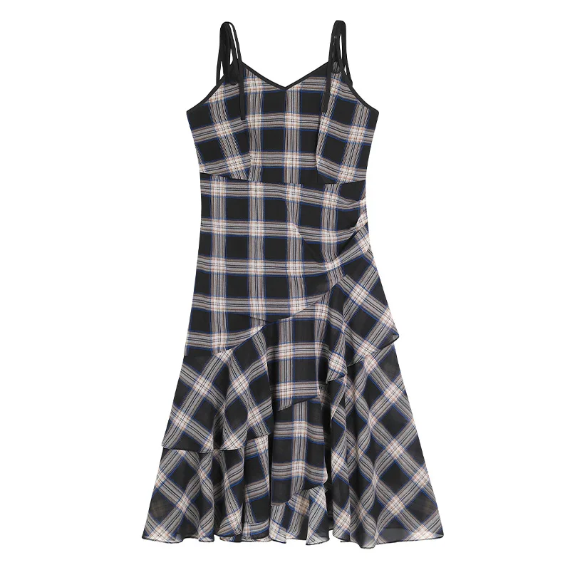 Plaid Pleated Slip Dress Women 2024 Plus-size Temperament Irregular Slip Dress