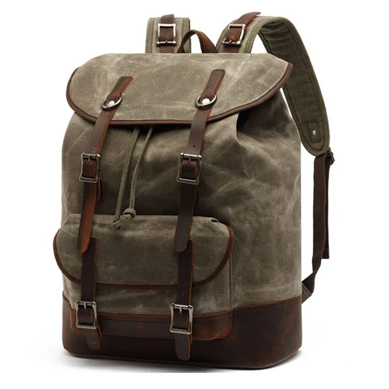 Vintage Waterproof Waxed Canvas Men's Backpack Genuine Leather Women Backpack large Rucksale teenager Travel Bag Big bagpack