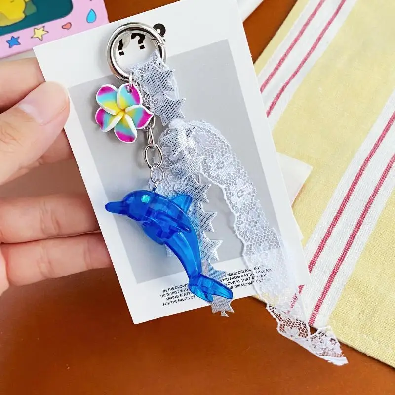 1 Stück süßer Retro-Delfin-Spitzenblumen-Taschenanhänger, Y2K Sommer-Strand-Insel-Ozean-Quasten-Schlüsselanhänger, Handy-Lanyard, Rucksack- und Handtaschen-Dekoration – Detail 14