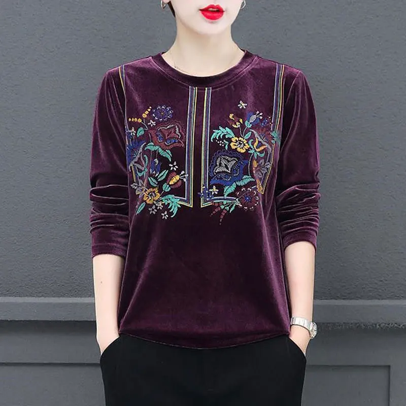 

Vintage Folk Floral Embroidery T-shirt Pleuche Women's Clothing O-Neck Commute Autumn Winter Casual Long Sleeve Loose Pullovers