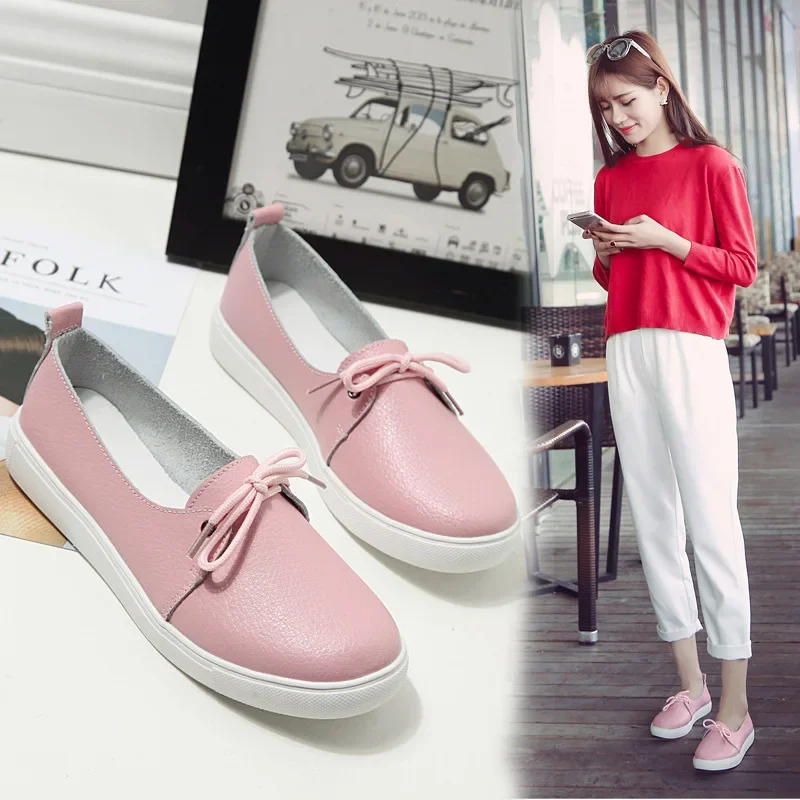 New Women Real Leather Shoes Lace-Up Moccasins Mother Loafers Soft Leisure Flats Female Driving Casual Footwear White Black Pink