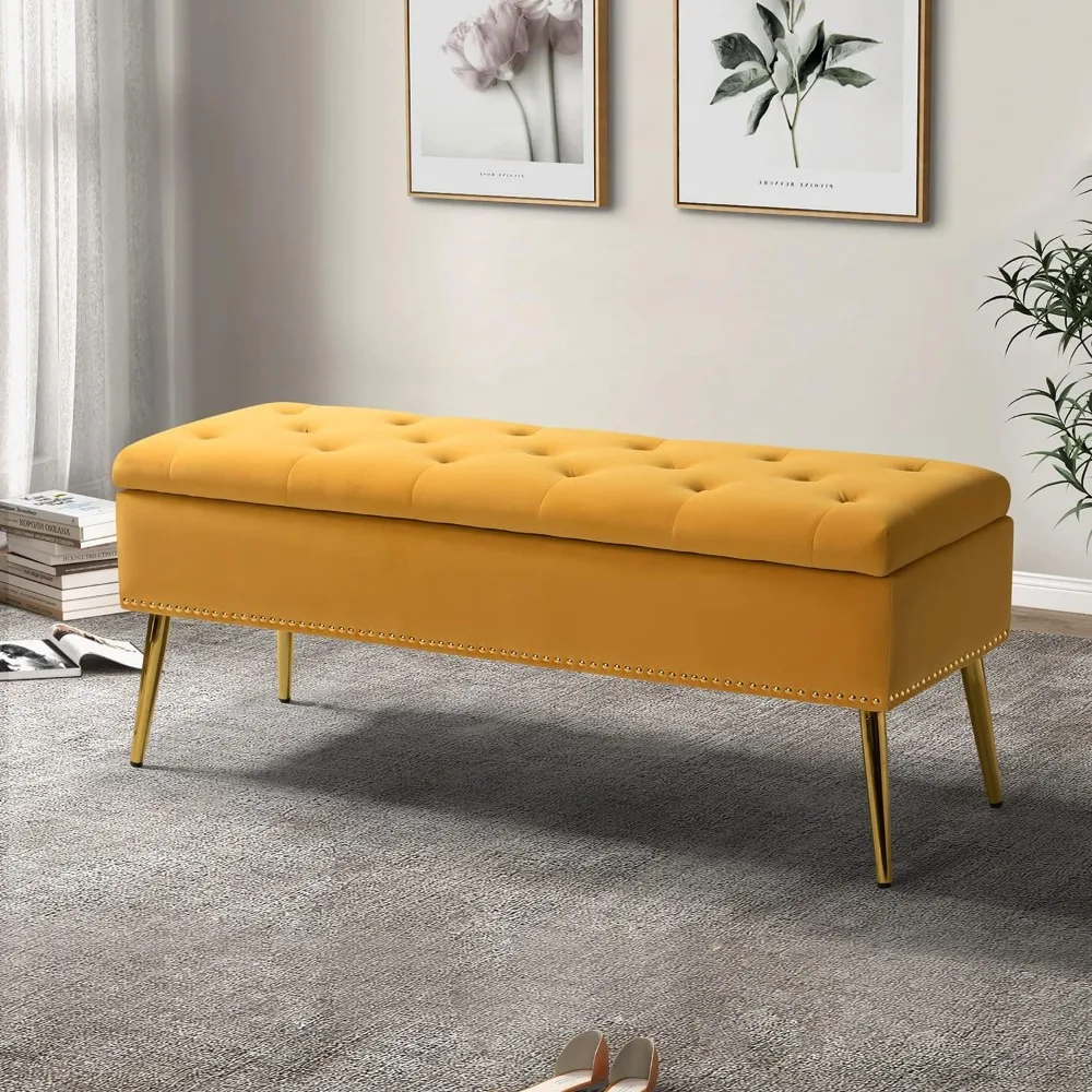 Modern Velvet Storage Ottoman Bench with Gold Base & Nailhead Trim, Upholstered Bedroom Bench for End of Bed, Button-Tufted