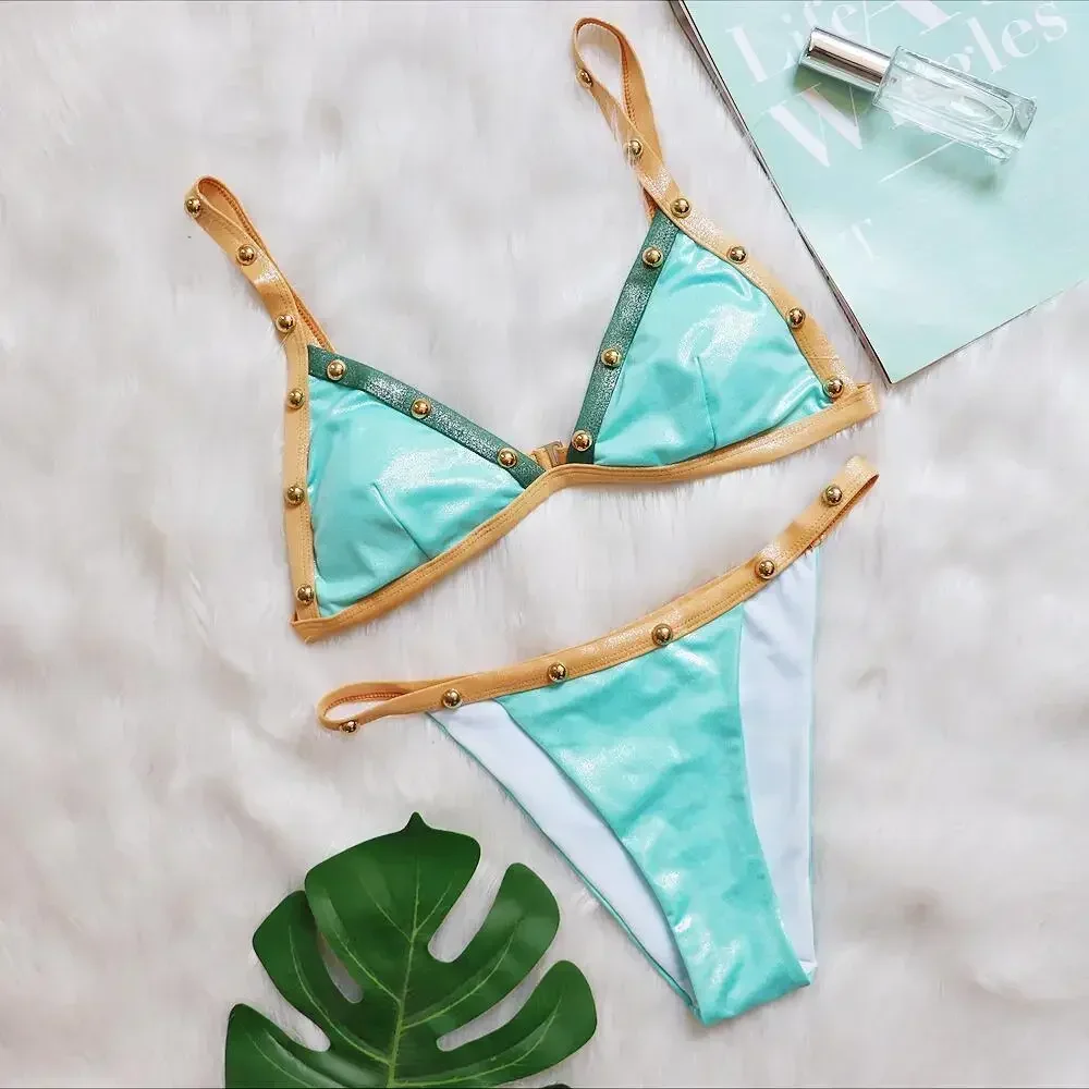 

2025 Sexy Beaded Bikini Low Waist Two Piece Swimwear Women Patchwork Contrast Color Suspender Brazilian Beach Swimsuit Tankini
