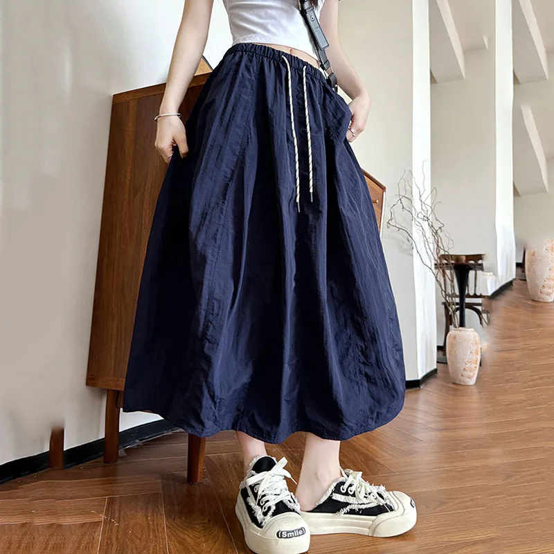 Damskie luźne spódnice spadochronowe Harajuku Vintage Streetwear ze sznurkiem, długa spódnica damska letnia z elastyczną talią, jednolite spódnice maxi