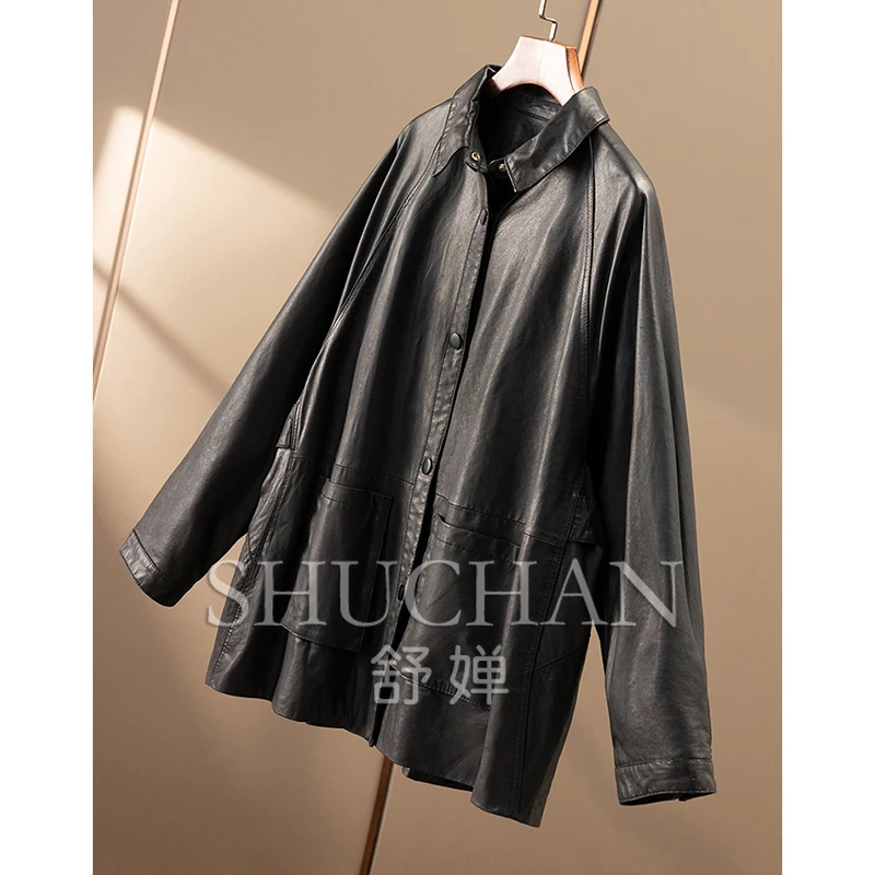 Oversized Jacket Women Casual Tanned Sheepskin Bat Sleeve Leather Jacket Women 77B7 Abrigos Mujer Invierno 2025