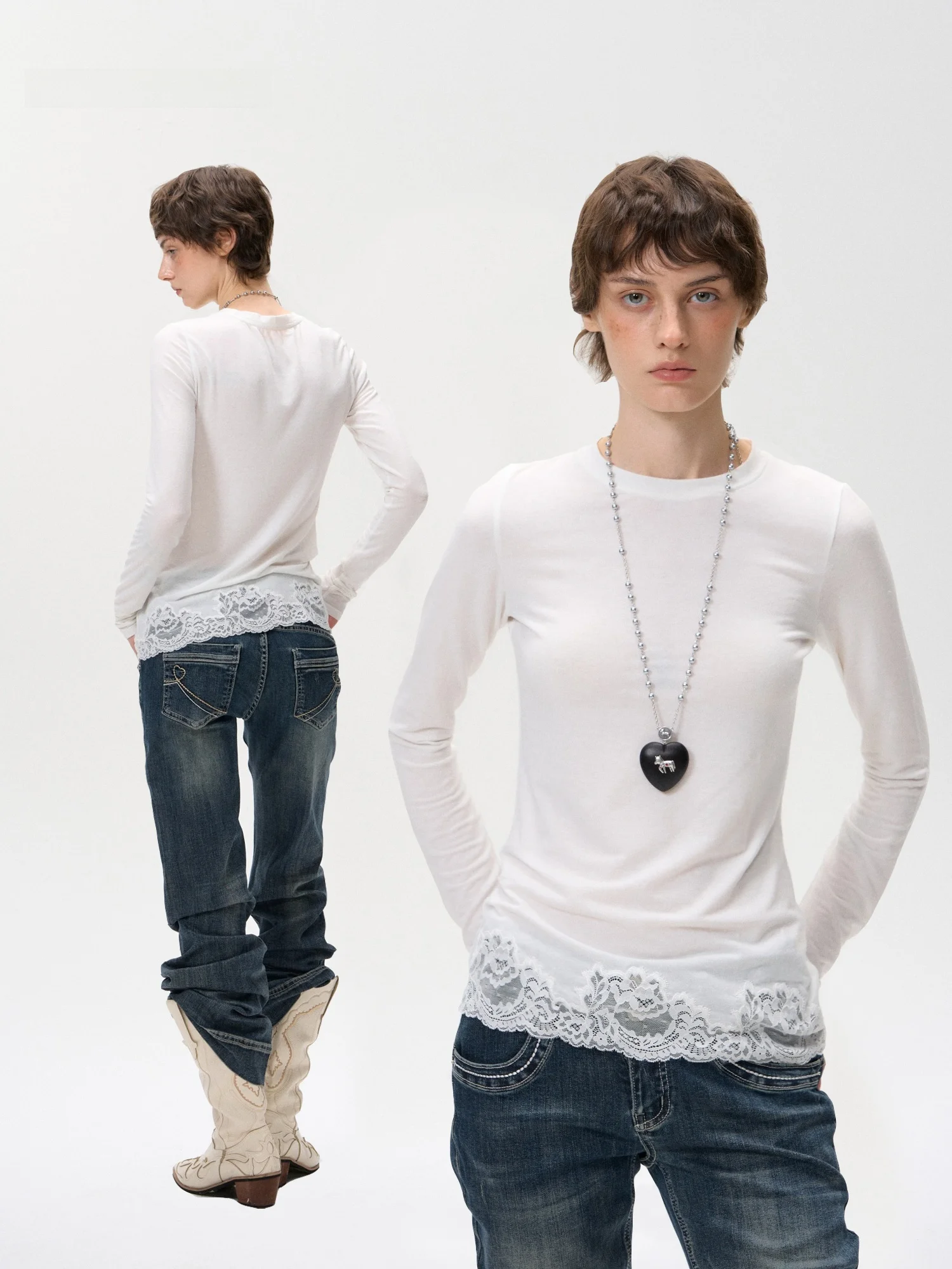 

White Long Sve T-irt Lace Trim Base Layer irt Inner Wear Patchwork Ladies Slim Fit Wool Lyocell Blend Comfortable Brea...