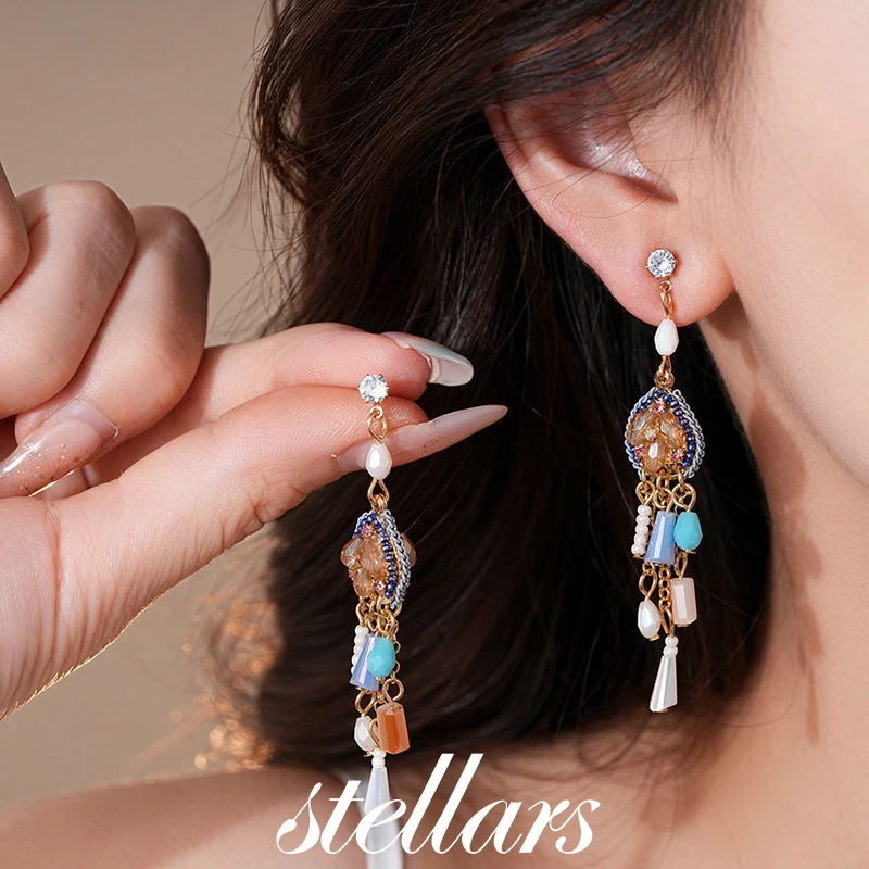 

Ethnic Style Retro Silver Needle Zircon Studs Diamond-Embedded Crystal Tassel Design Niche Temperament Ear Dangle Earrings