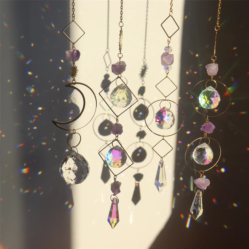 Crystal Prism Sun Catcher Celestial Sun Moon Rainbow Chaser Hanging Natural Stone Decor Car Pendant Home Window Room Fairy Gifts