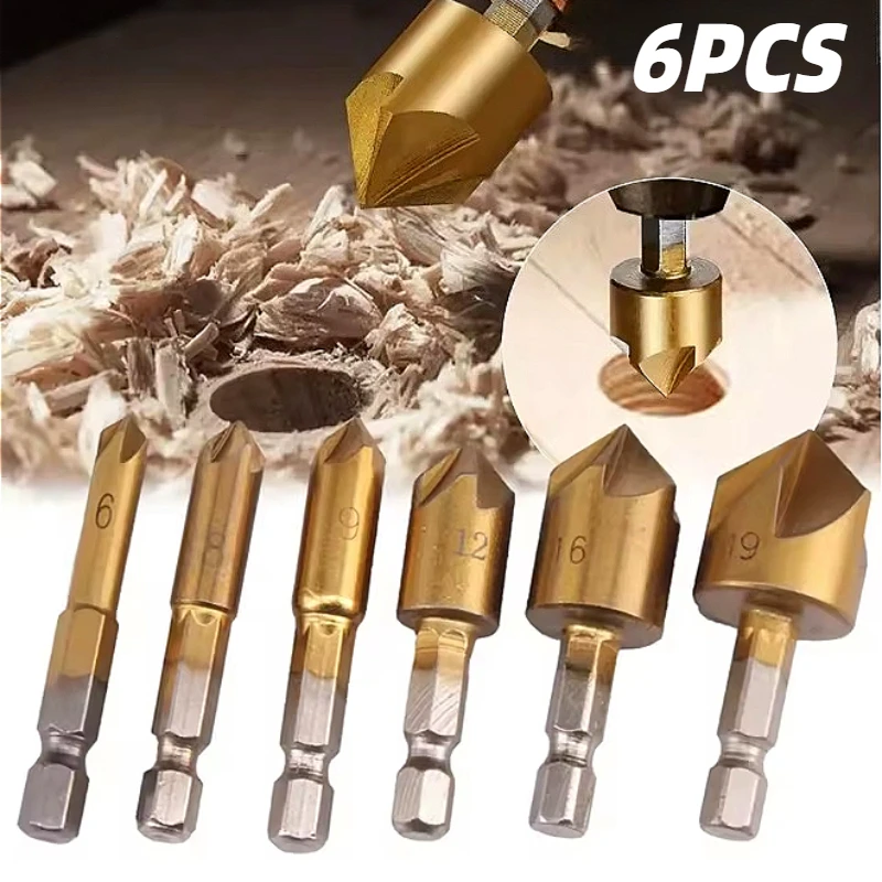 6pc-alca-hexagonal-titanio-chapeado-cinco-bordas-chanfradura-faca-broca-escareada-6-19mm-carpintaria-ponto-facer-conjunto-de-ferramentas