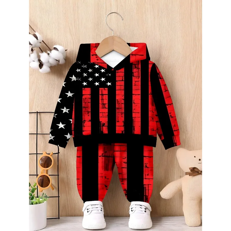 2-teiliger Jogginganzug mit Kapuze für Kleinkinder, Jungen und Mädchen, Spinnennetz-USA-Stern-Streifen-Print, lässiges Alltags-Outfit für Kinder – Detail 4