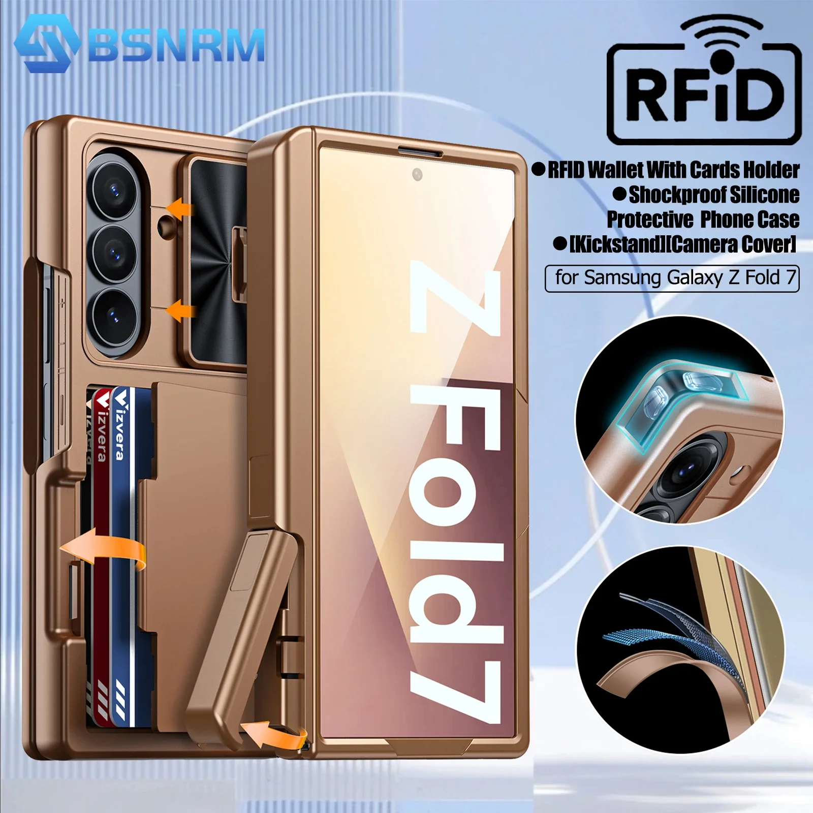 

Чехол-кошелек для Samsung Galaxy Z Fold 7, держатель RFID-карты, скрытый кронштейн, чехол для камеры, противоударный силиконовый чехол для телефона - золото