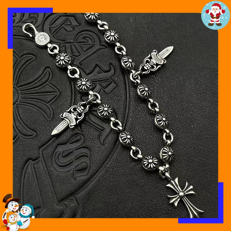Trendy Brand New Bracelet Retro Cross Flower Ball with Double Sword Cross Pendant Hand Jewelry Hip-hop Personality Domineering H