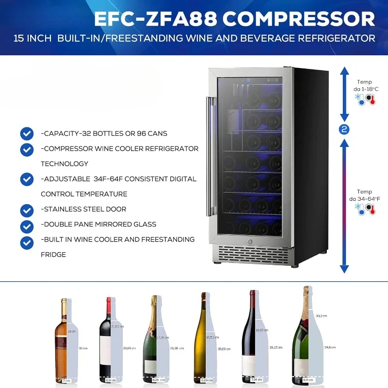 Built-In/Freestanding Wine Cooler Refrigerator 32 Bottles or 96 Cans Digital Touch Control Stainless Steel Mirror Glass Door