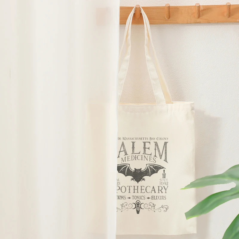 

Salem Medicines Apothecary Pattern Tote Bags Canvas Folding Shoulder Bag Travel Daily Commute Women Reusable Large Shopping Bag