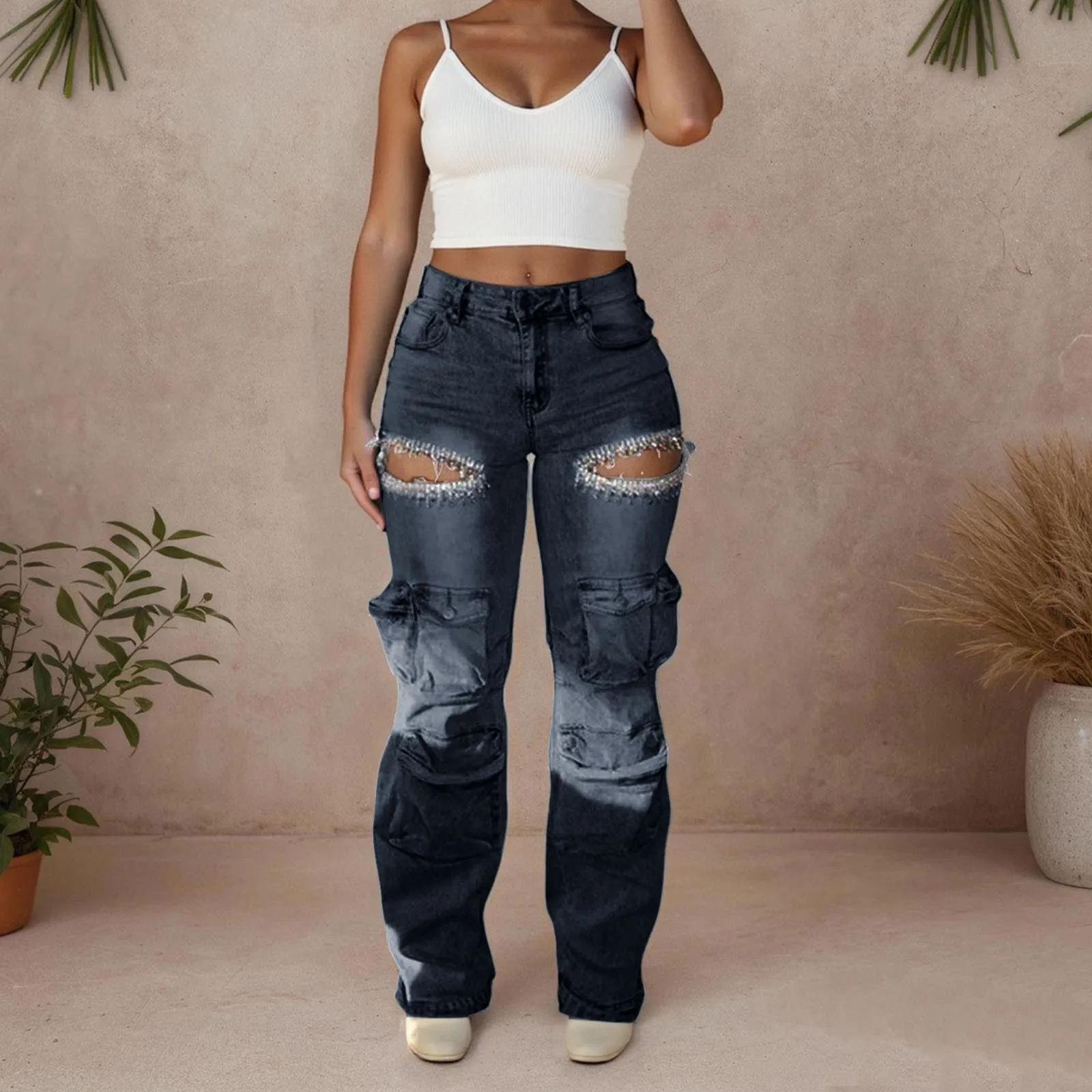 

Fashion Women's Hollowed Out Diamond Denim Cargo Pants High Waist Multiple Pockets Elastic Jeans Female 2025 Autumn New