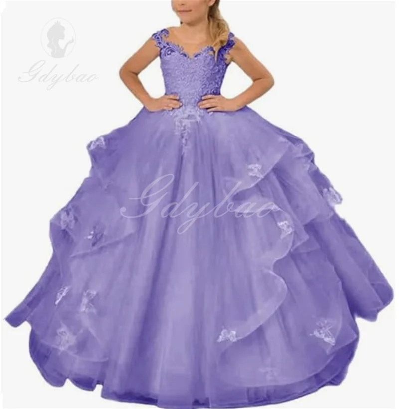 Flower Girl Tulle Dress, Vestidos Princesa Pageant, Apliques de renda, Vestido Primeira Comunhão para Meninas