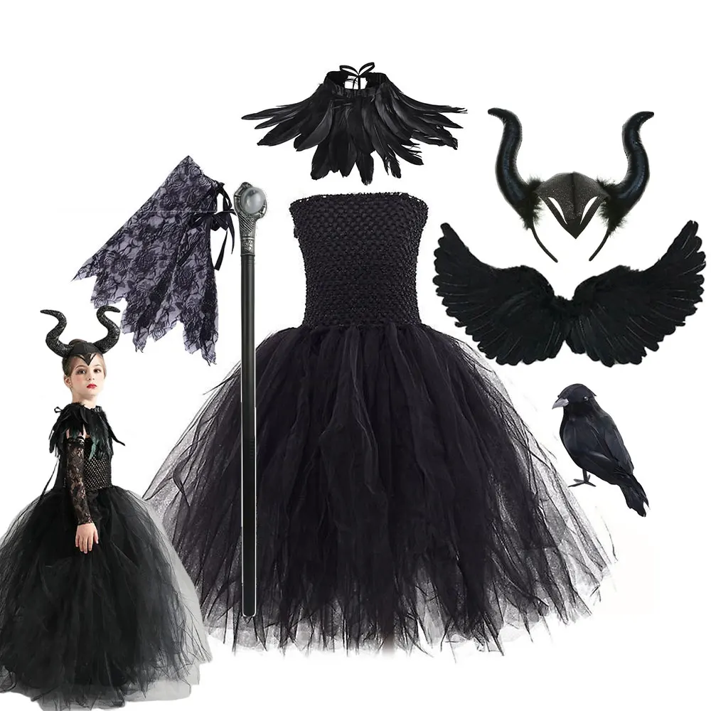 Villain Girls Black tutu Dress 4Pcs Set Horn Hairband+Feather Collar+Lace Sleeve Kids Halloween Maleficent Witch Cosplay Costume