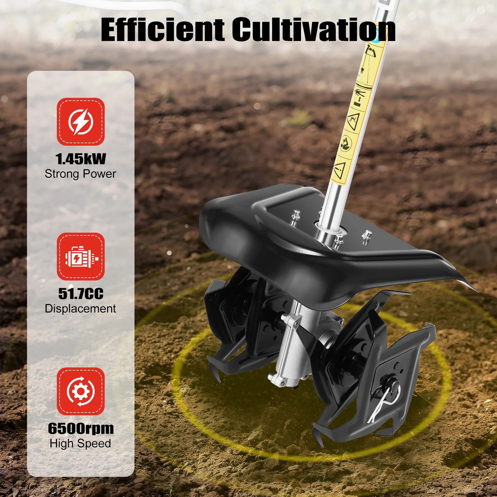 51.7cc Gas Tiller Cultivator, 1.45kW 2-Stroke Engine, Shoulder Strap & Fender, Lightweight for Garden, Farm, Soil Loosening view 4