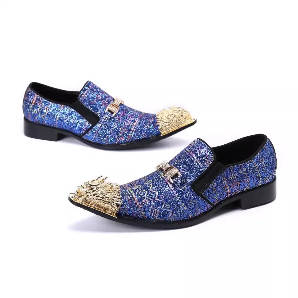 Geometic Prints Sequins Shoes for Men Gold Buckle Decor Wedding Dress Loafers Male Pointed Toe Shallow Leather Derby Shoes