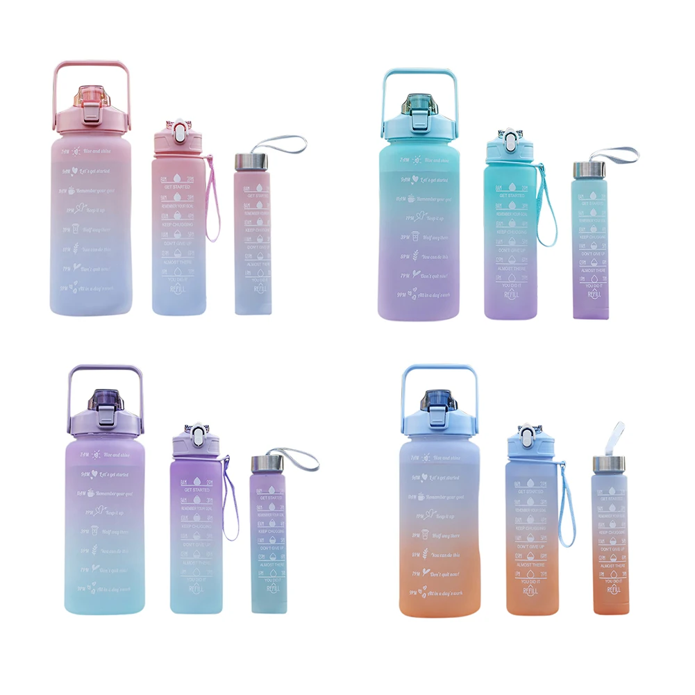 3pcs Water Bottle Frosted Gradient 2000ML+800ML+500ML Drinking Bottles with Time Marker Reusable Cups for Camping Hiking Running