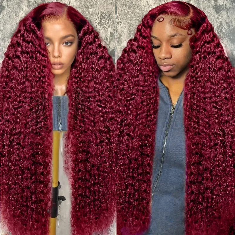 99J Burgundy Deep Wave 250 Density 13x6 Lace Front Wig Curly Red Colored 13x4 HD Lace Frontal Human Hair Wigs For Woman