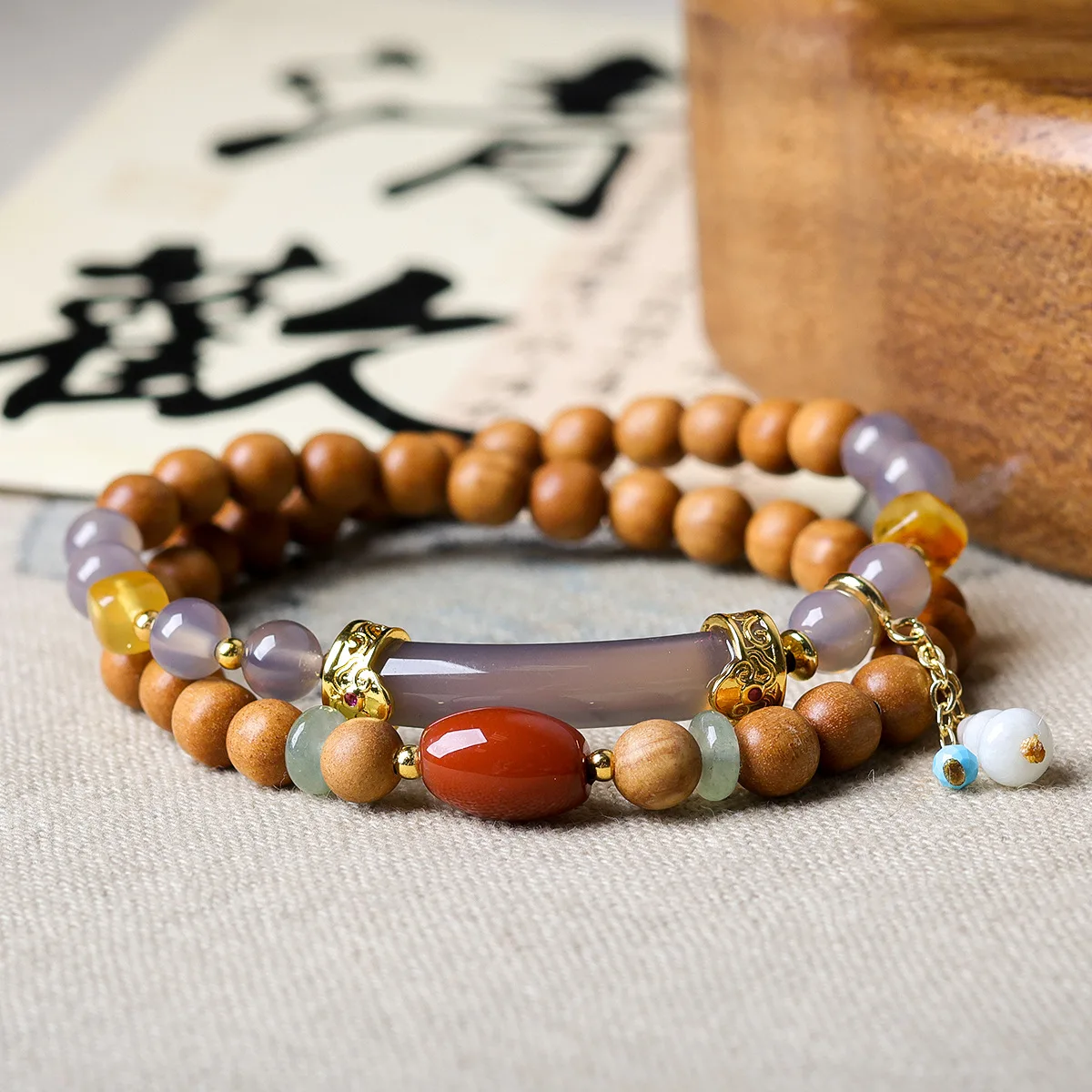 

Браслет из сандалового дерева, ясеня, агата, с двойными кругами, ручной работы, в литературно-художественном стиле, с нефритом, браслет-горлянка