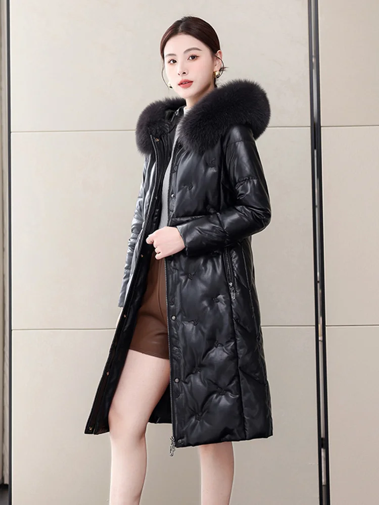 New Women Hooded Leather Down Coat Winter Fashion Casual Real Fox Fur Collar Thick Warm Long Sheepskin Down Coat Split Leather