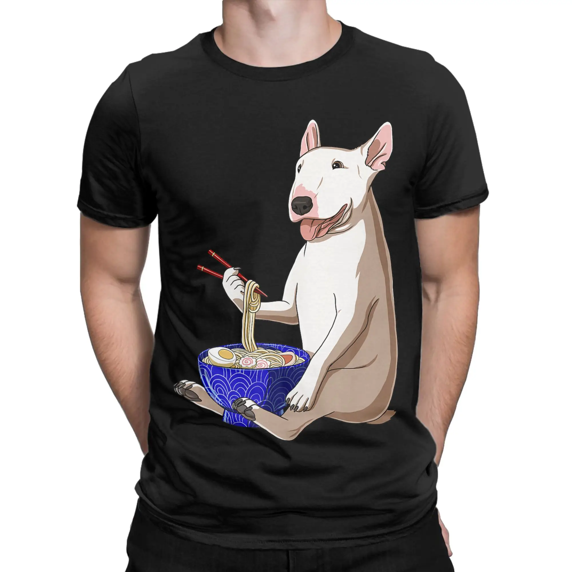 Camiseta Kawaii Dog Eats Ramen Noodles Bull Terrier para homens e mulheres, camisetas de algodão puro, camisetas de gola redonda, roupas plus size