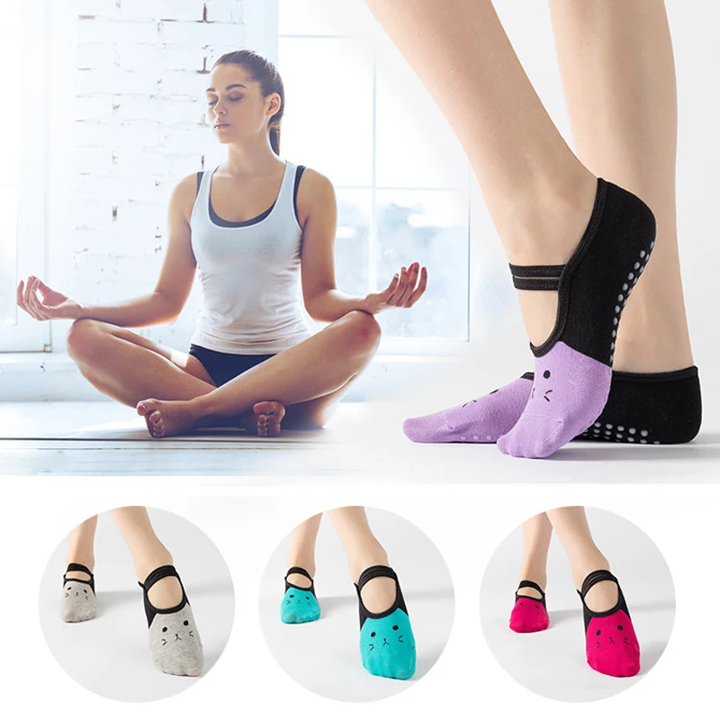 Yoga Socks With Grips For Women Sportneer Workout Ballet Pilates Socks With Straps Cute Cartoon Cat Print Sock Slippers