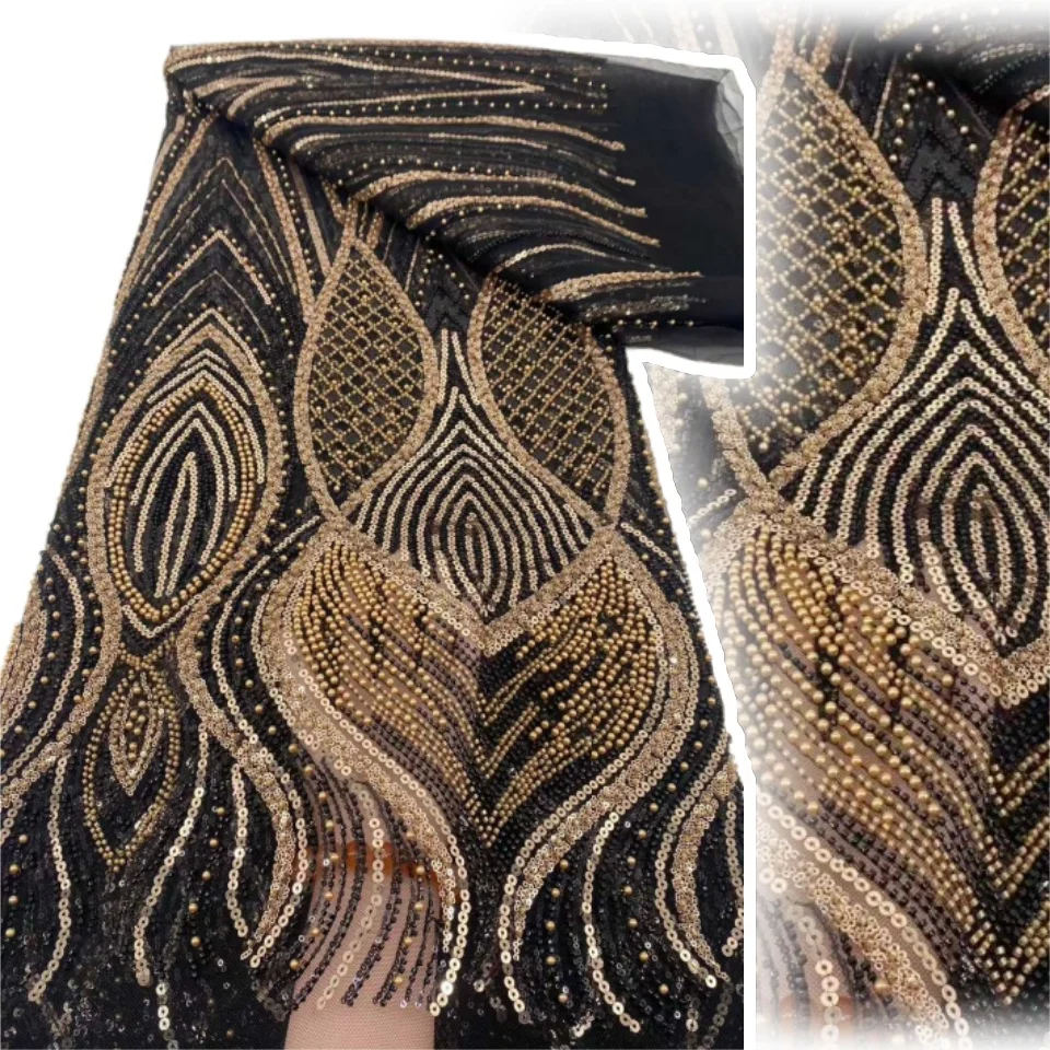 

Newest African Sequin Beaded Lace Fabric 5 Yards French Nigerian Groom Embroidery Tulle Lace Fabric Bridal Gown Sewing AH1266