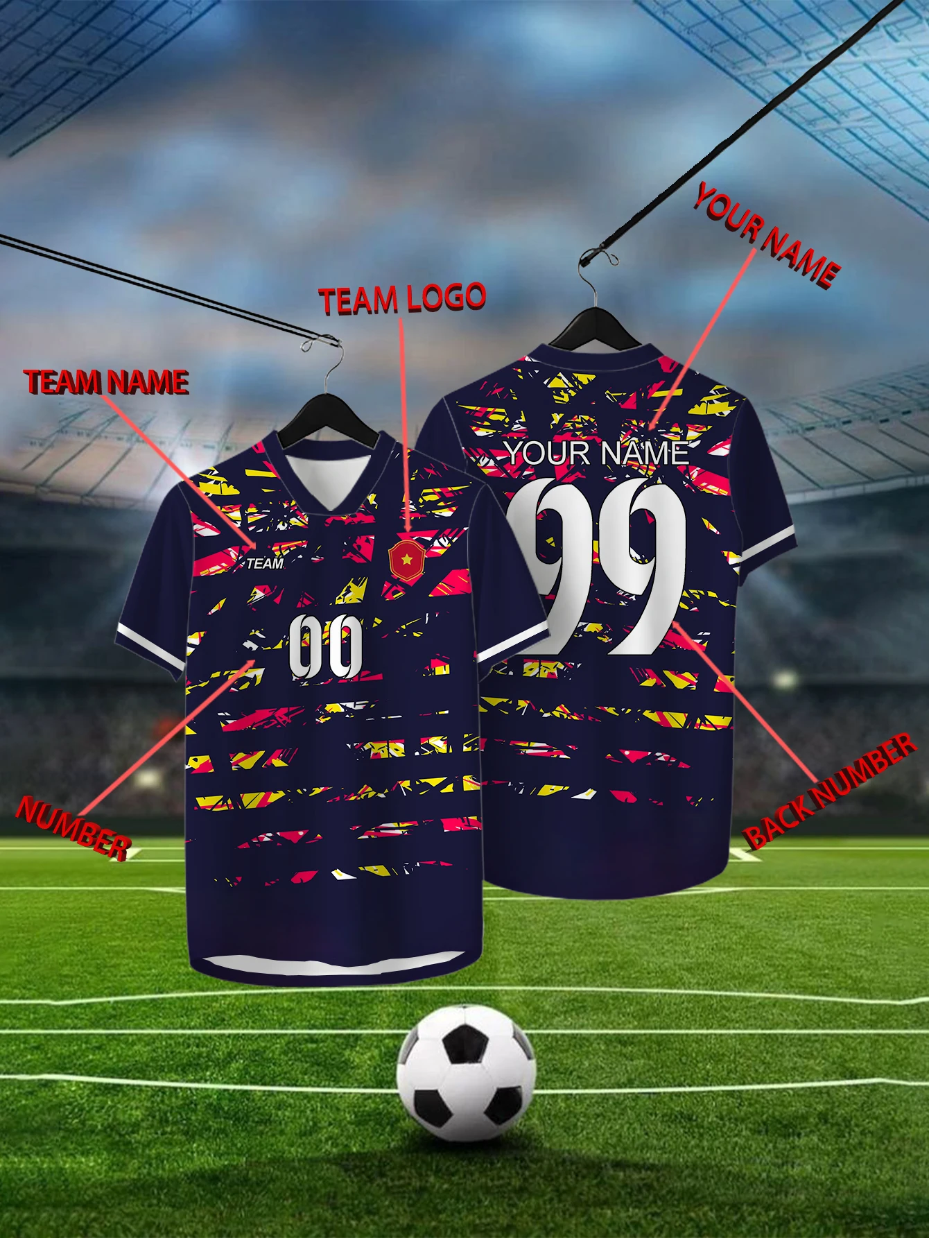 

Customized Geometric Black Short Sleeved Shirt with Team Name, Emblem, Name and Number, Outdoor Sports Short Sleeved T-shirt