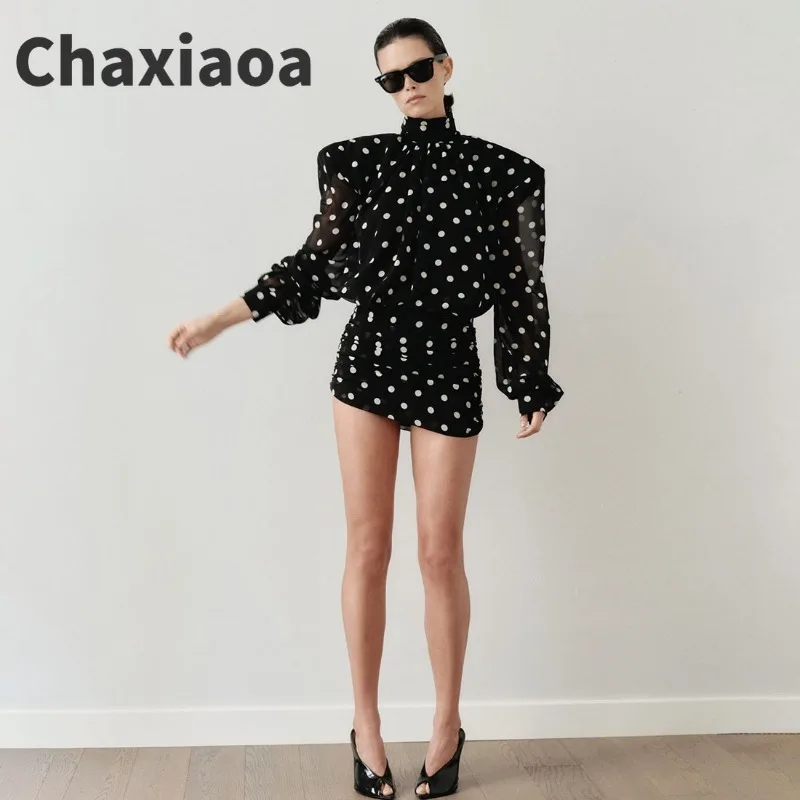 

Женское сексуальное мини-платье Chaxiaoa с длинными рукавами-фонариками, элегантное, в горошек, с высоким воротником, для ночного клуба, вечеринки, вечернее платье 2026