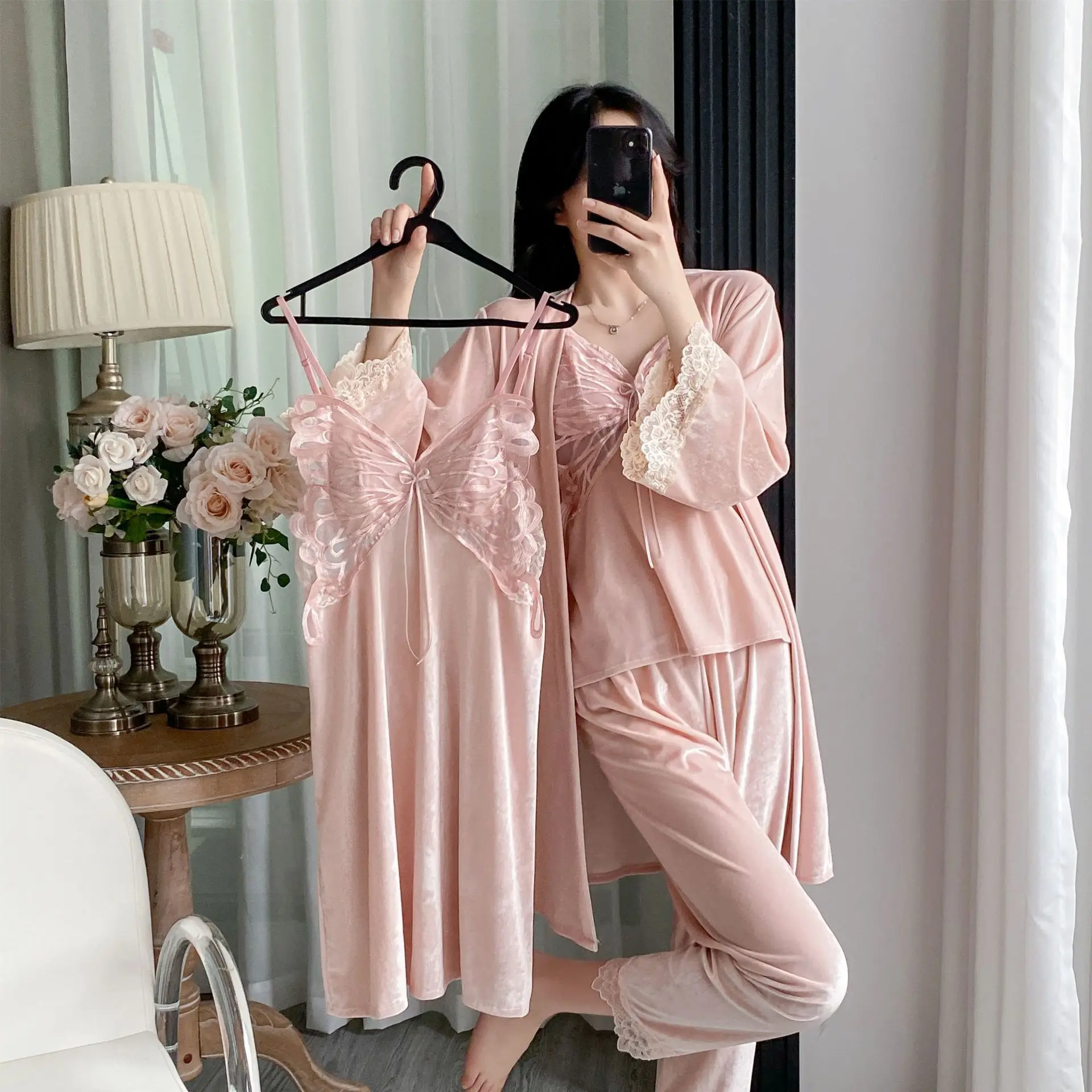 Lady Pajamas Suit Nighty&Robe Set Sexy Velvet Sleepwear Intimate Lingerie 2024 Autumn New Kimono Gown Homewear Nightgown