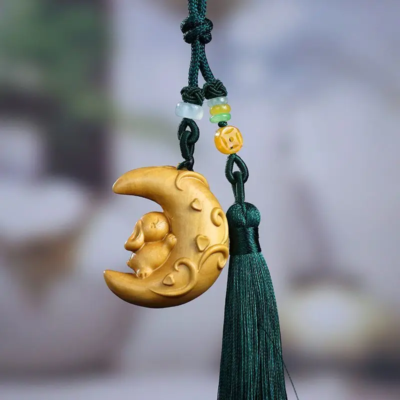 Natural Boxwood Carved Solid Wood Zodiac Rabbit Chinese Style Play Keychain Handle School Bag Pendant Wooden Jewelry