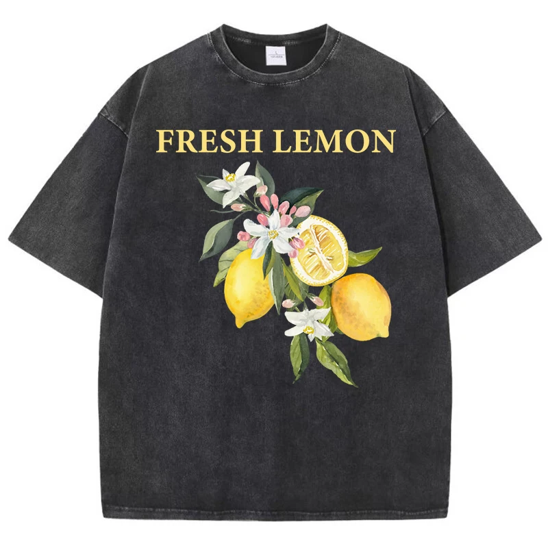 

Fresh Lemon Flowers Print Washed T Shirts Women Summer Loose T-Shirt Street Multicolor Tops Casual Cotton Female Clothes