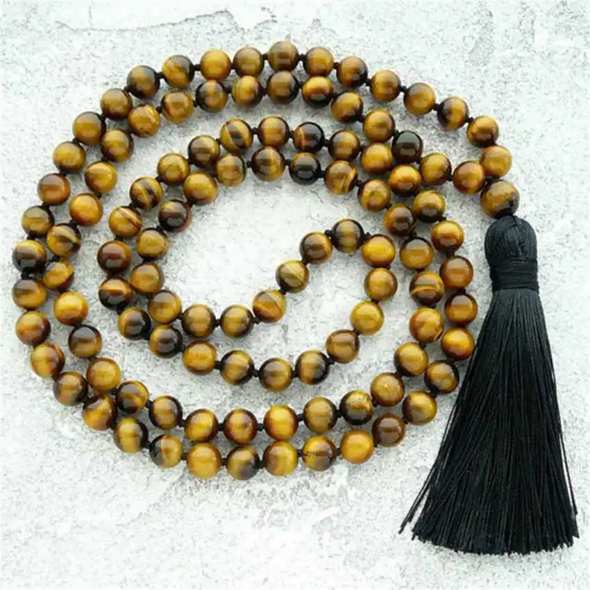

Natural Tiger's Eye 108 Mala Beads Necklace with Black Tassel Courage & Protection Healing Crystal Jewelry