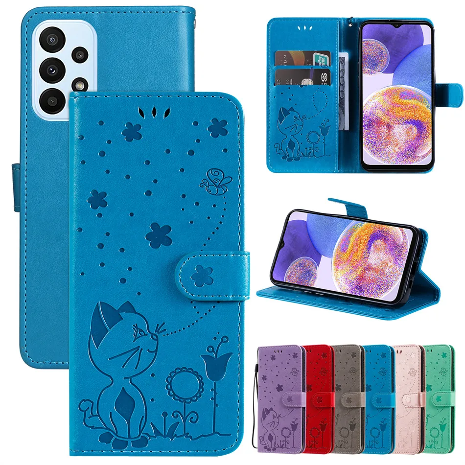 

Cute Cat Wallet Case For Samsung Galaxy A03 A12 A13 A22 A23 A32 A33 A52 A52S A53 A73 M33 M53 5G S22 Card Slots Cover Capa D06F