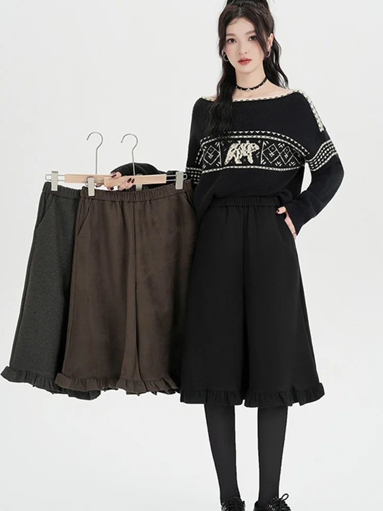 Sweet fungus edge woolen seven point casual pants for women in autumn and winter elastic waist slimming straight leg pants