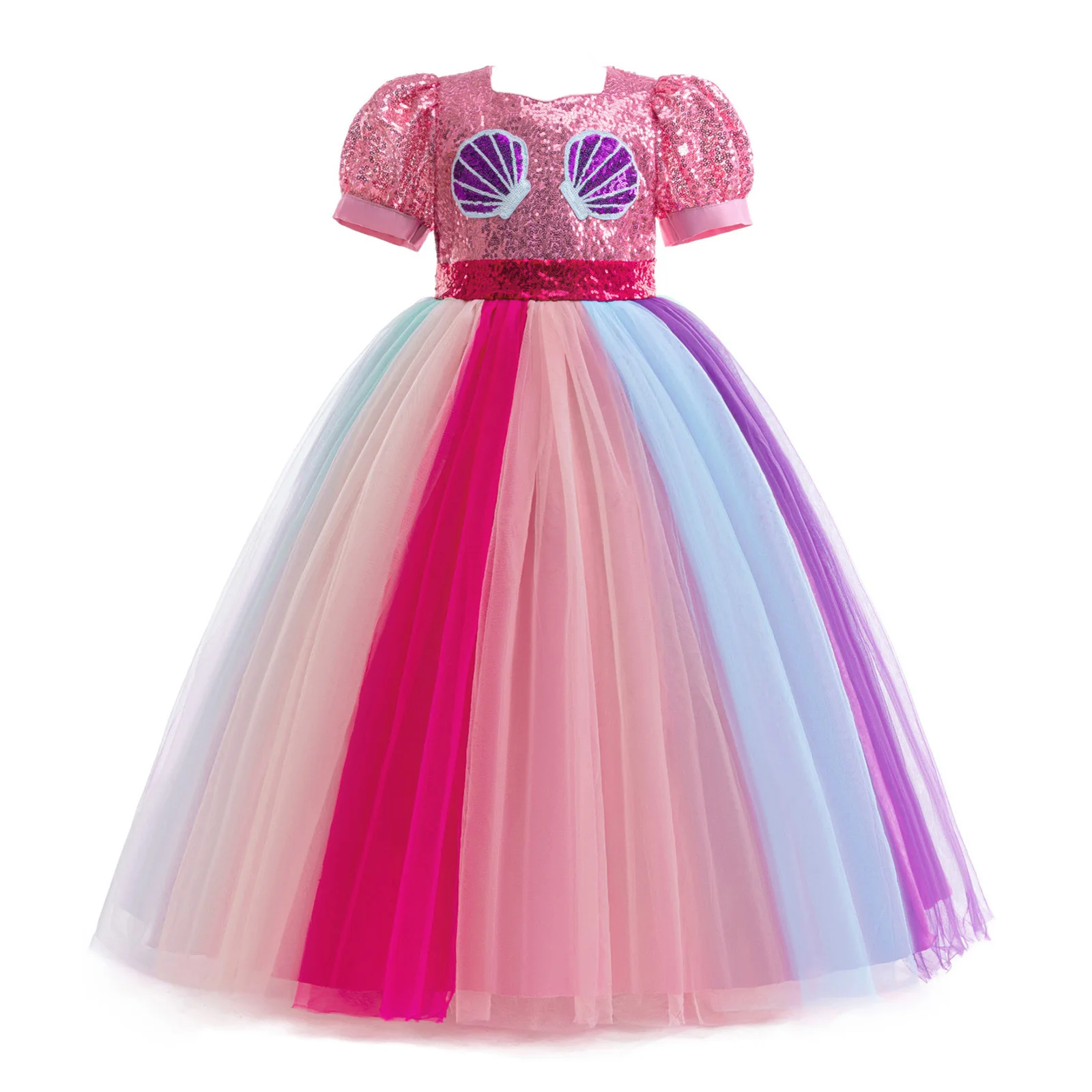Girls Mermaid Princess Dress Shiny Sequins Puff Sleeve Rainbow Tulle Tutu Dressfor Cosplay Birthday Party Stage Performance