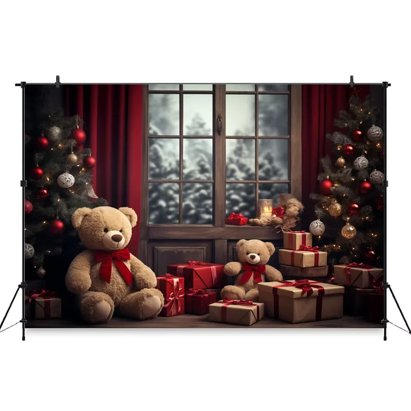 Merry Christmas ภาพพื้นหลังสําหรับเด็กในร่มหน้าต่างบ้าน Xmas Tree หมีของขวัญการถ่ายภาพฉากหลังสตูดิโอ Photozone