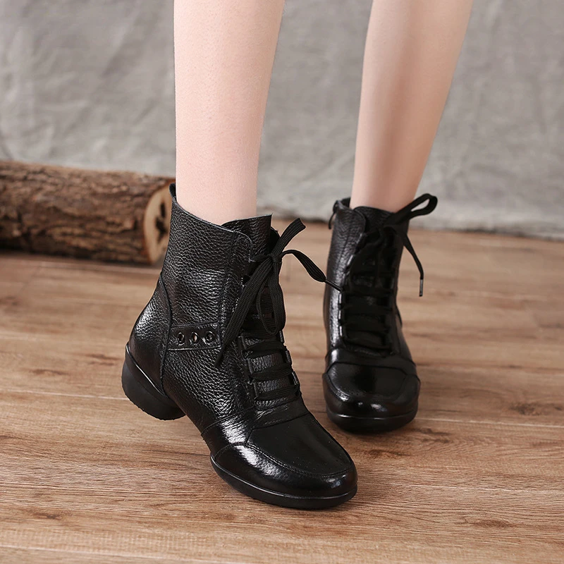 Women Cowhide soft sole Ballroom Dance Sneakers Ladies High Top Boots Modern Jazz Latin shoe Women Square Dancing Shoes