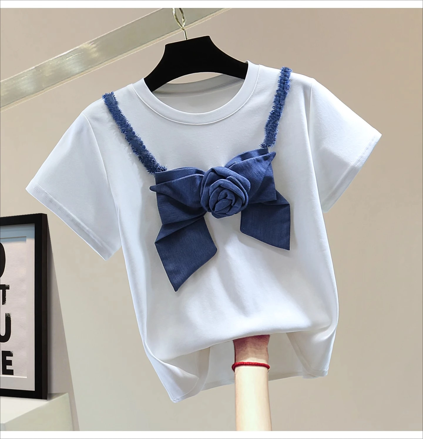 

Color Matching Bow Round Neck Short-sleeved T-shirt, Summer High Waist Short Heavy Industry Flower Straight Elastic Top Women