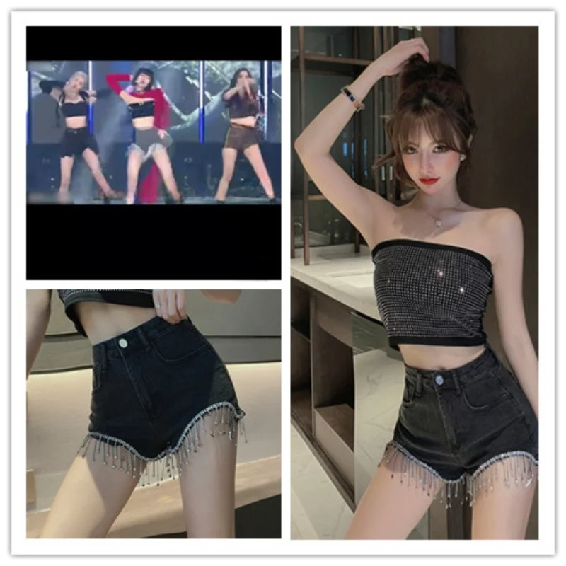 

Kpop Girl Group LISA Summer Concert Dance Sexy Off-Shoulder Shiny Vest Crop Tops High Waist Tassel Shorts Women Two Piece Set