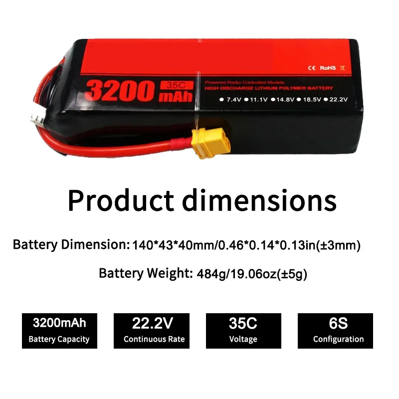 22.2V 6S 3200mAh 35C Lipo Battery Rechargeable XT60 Connector For RC Model Aircraft Drone Quadcopter Helicopter Airplane