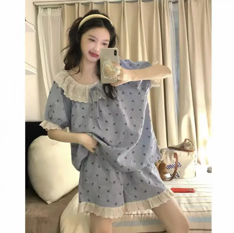 

Lace Ruffle Lace Grid Pajama Suit Short Sleeve Loose Shorts Camisole Nightwear Round Neck Women Homewear