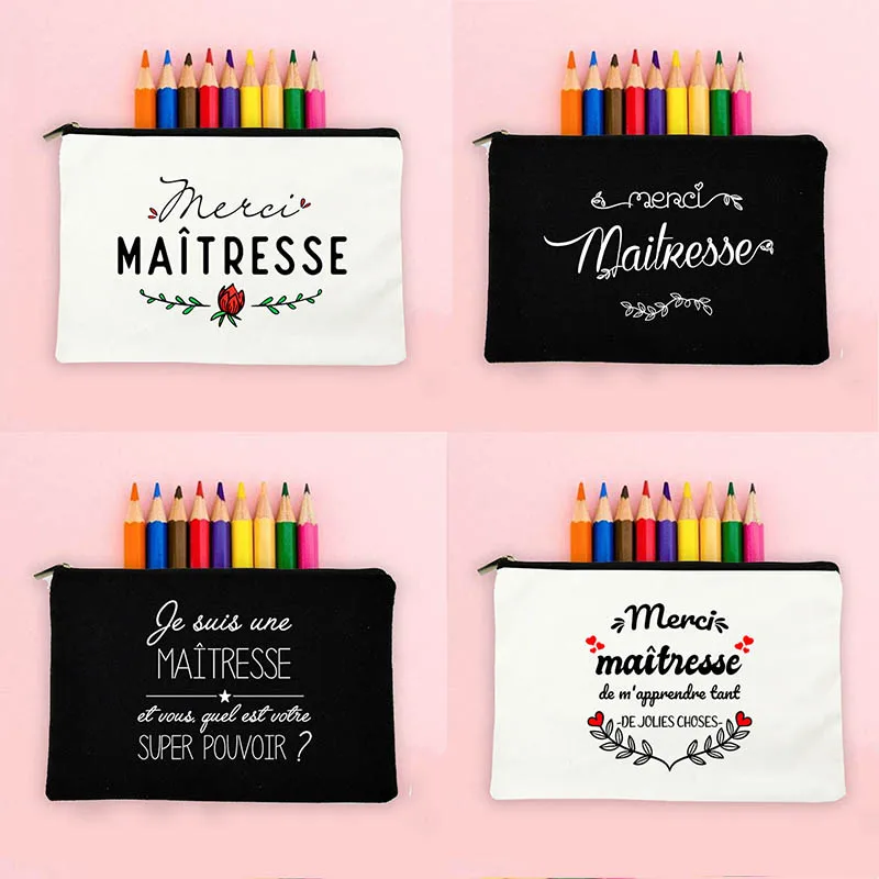 

Pencil Case Wash Pouch Teacher Gifts Thanks Teacher French Print Storage Bags Large Purses Travel School Stationery Supplies