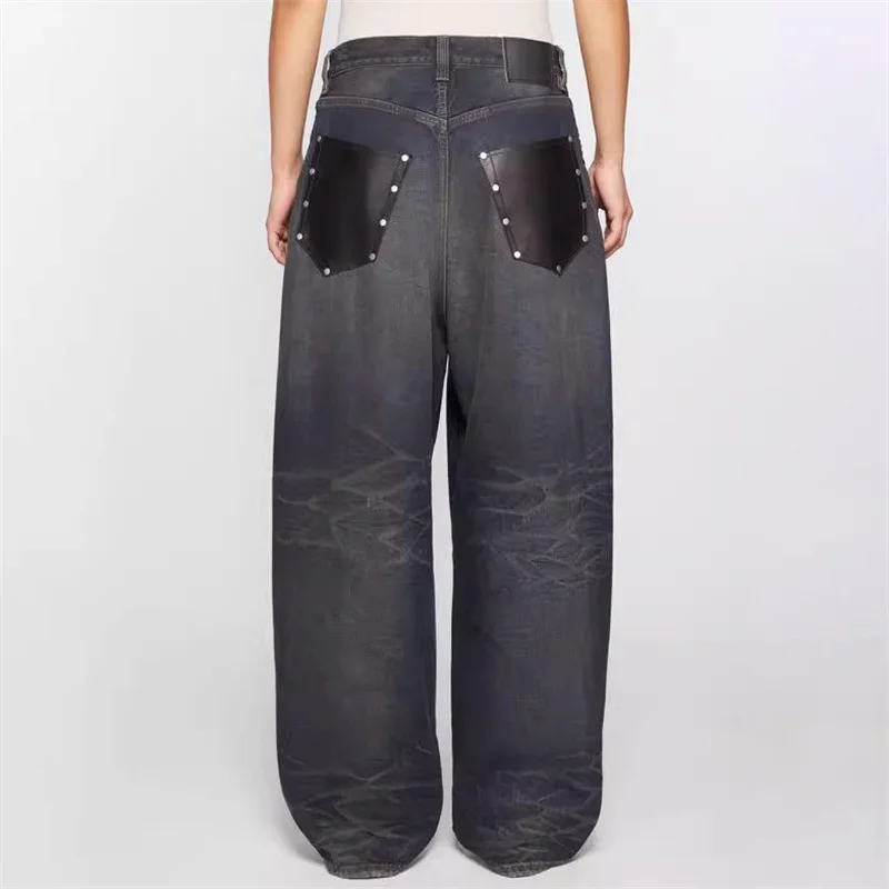 Jeans de algodão puro vintage feminino, calça de couro, decoração de bolso, cintura baixa, calça reta, novo, outono, 2024