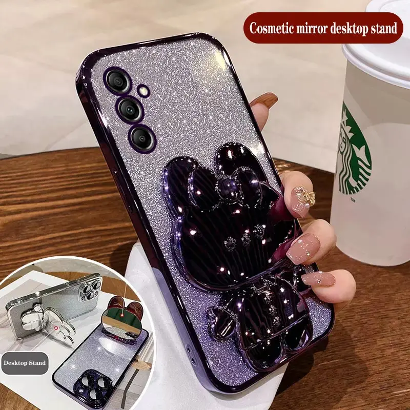 Rabbit Makeup Mirror Plating Phone Holder Case For Samsung Galaxy A14 A13 A12 A24 A32 A52 A34 A23 A53 A54 A33 A72 A82 Cover